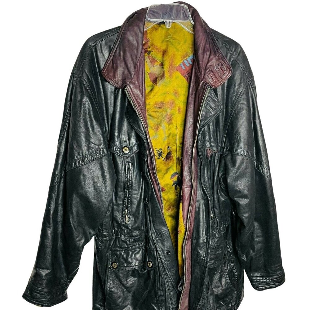 Vintage Heavy Black Leather Coat Made in Germany Lined Well Made Size XL u